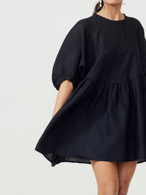 Black Organic Linen Oversized MIni Dress