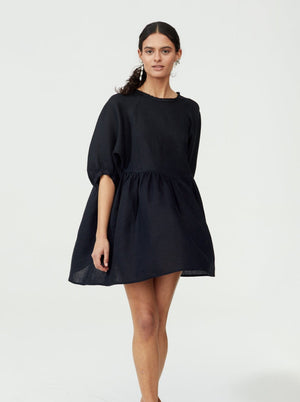 Black Organic Linen Oversized MIni Dress