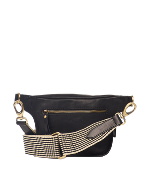 Black Apple Leather Bum Bag with Checkered Strap